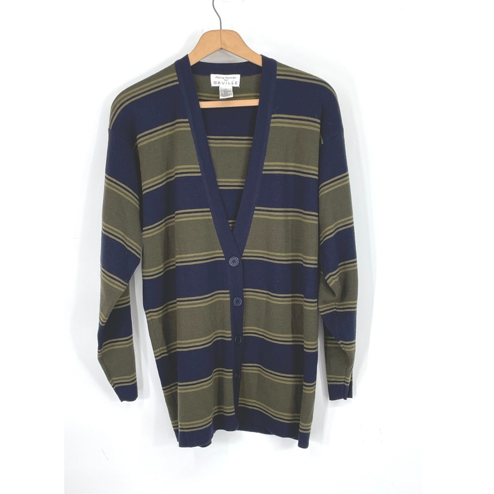 Rena Rowan Saville Womens Cardigan S Longline Blue Green Striped Wool Blend